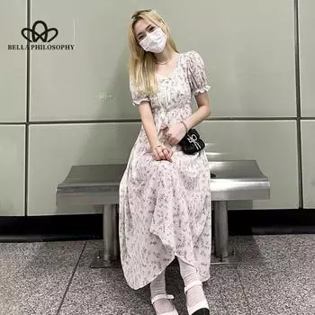 Модное повседневное платье с принтом и цветочным принтом, лето 2022, нежное французское шифоновое элегантное платье с пышными рукавами S