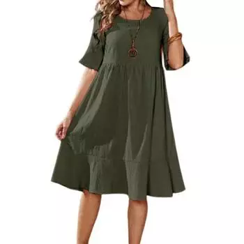 МОДНОЕ повседневное платье с расклешенным коротким рукавом, свободный крой, мягкое популярное однотонное платье с оборками и подолом, повседневная одежда M темно-синий