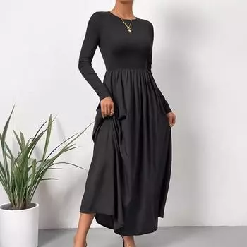 Модное повседневное платье свободного кроя А-силуэта, французское осеннее женское свадебное платье, О-образный вырез, высокая талия, однотонное облегающее платье макси S
