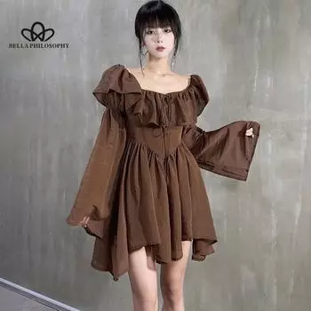 Модное повседневное праздничное платье, французский корсет с рюшами, платье феи, женское тонкое плиссированное платье трапециевидной формы на одно плечо нерегулярной формы S коричневый