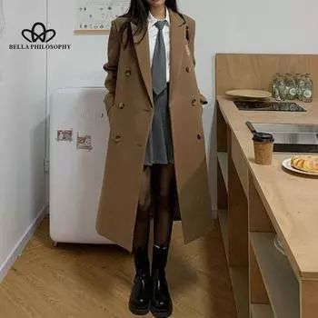 Модное повседневное шерстяное пальто женское свободное длинное толстое черное зимнее шерстяное пальто длиной до колена весенне-осенний плащ S коричневый