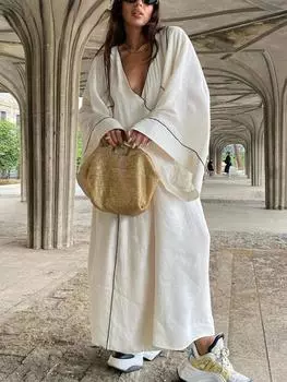 Модное повседневное свободное длинное платье большого размера, женское элегантное кардиган на шнуровке с расклешенными рукавами, летний шикарный тонкий уличный халат L белый