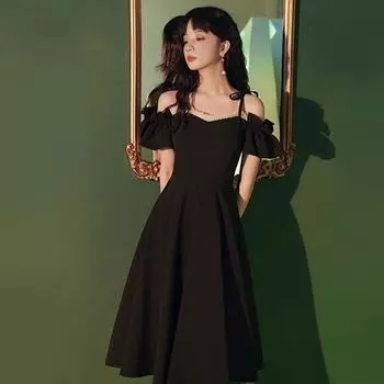 Модное повседневное вечернее платье, элегантное платье на одно плечо, стиль Хепберн, французское ретро платье с высокой талией, женское летнее платье S чёрный