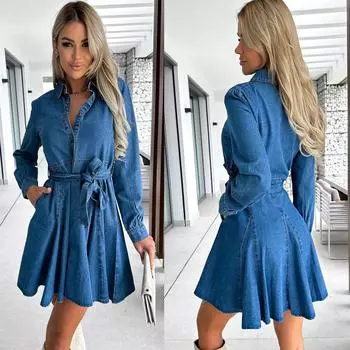 Модное повседневное женское джинсовое платье с завышенной талией L джинсовый синий