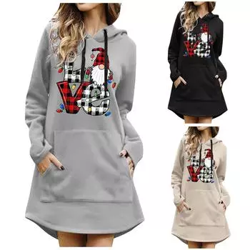 Модное повседневное женское платье-пуловер с длинным рукавом с рождественским принтом и капюшоном L чёрный