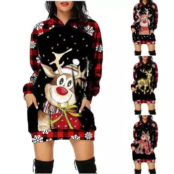 Модное повседневное женское платье-пуловер с длинным рукавом с рождественским принтом и капюшоном XXL чёрный