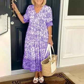 Модное повседневное женское платье с цветочным принтом, большой размер, V-образный вырез, короткий рукав, элегантное длинное платье, цветочные свободные платья с узором «тай-дай», свободная женская одежда S розовый