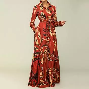 Модное повседневное женское платье в европейском и американском стиле с галстуком на лацкане, юбка-рубашка с длинными рукавами, пояс, длинная юбка, платье с принтом XXXL красный