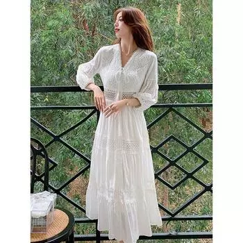 Модное праздничное макси-платье, элегантная классика, универсальное женское весенне-летнее повседневное длинное платье с цветочным принтом, кружевное платье с V-образным вырезом и длинными рукавами XXL белый