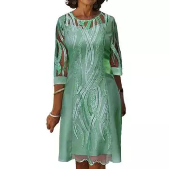 Модное праздничное платье 2024 года для женщин, с круглым вырезом, кружевной вставкой, миди, длиной до колена, имитация двух частей, универсальная женская одежда M зелёный