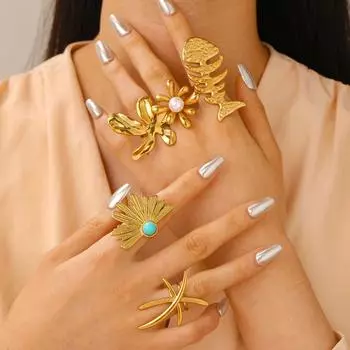 Модное преувеличенное индивидуальное золотое кольцо из нержавеющей стали с цветком для женщин 1 pcs