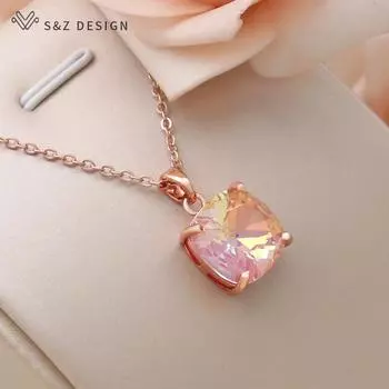 Модное простое красочное квадратное ожерелье с подвеской из кристаллов для женщин, свадебное модное ювелирное изделие цвета розового золота в подарок