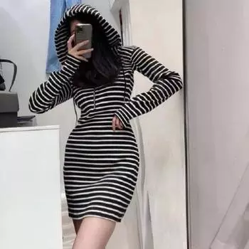 Модное простое облегающее сексуальное женское платье с капюшоном на молнии с длинным рукавом, полосатые трикотажные платья для женщин, элегантное повседневное короткое платье на весну и осень 25952 One Size чёрный
