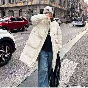 Модное простое пуховое пальто женское средней длины свободное плотное хлопковое пальто средней длины для пекарни S белый