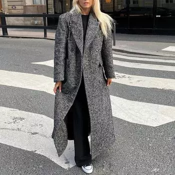 Модное ребристое шерстяное длинное пальто для женщин, элегантное двубортное пальто с лацканами и длинными рукавами, уличная верхняя одежда на осень и зиму S темно серый