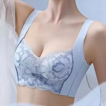 модное регулируемое нижнее белье, кружевные сборки, верхняя поддержка, подгрудь, бюстгальтер без стального кольца, удобный и бесшовный, большая грудь и тонкая. 75B озеро синий