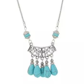 Модное ретро-колье, бирюзовое геометрическое ожерелье, этническое модное ожерелье с кисточками серебряный