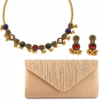 Модное ретро маленькое ожерелье с цветком ромашки, цветные драгоценные камни, темпераментные серьги-цепочки на шею, женская сумочка, набор из трех предметов разноцветный