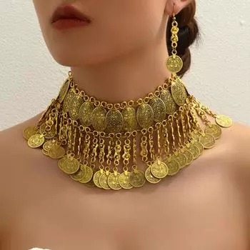 Модное Ретро Монета Падение Шип Преувеличенный Темперамент Ожерелье Серьги Набор, Длинные Ювелирные Изделия С Монетой Кисточкой Для Женщин