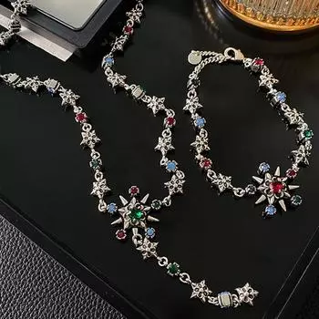 Модное ретро-ожерелье с цветными бриллиантами и звездой - хип-хоп аксессуар на ключицу