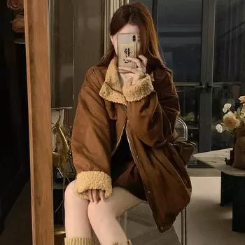 Модное ретро пальто из оленьей кожи и овечьей шерсти для женщин 2024 года, зимнее новое флисовое утолщенное термохлопковое пальто S