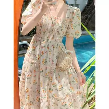 Модное ретро-платье с мелким цветочным принтом, летняя облегающая и стройнящая юбка выше колена средней длины S бежевый