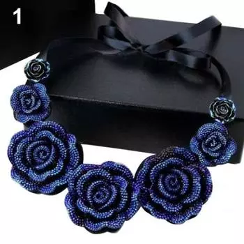 Модное ретро темно-синее розовое цветочное ожерелье со стразами и короткими ключицами