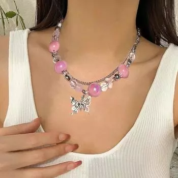Модное розовое ожерелье из бисера с двойной полой бабочкой, кулон, ожерелье, ювелирные изделия