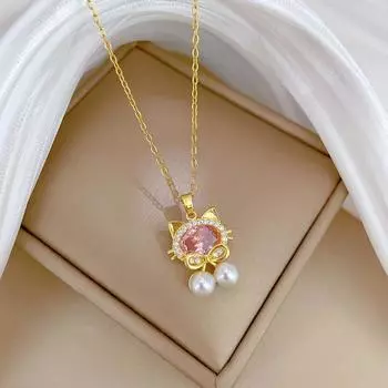 Модное розовое синтетическое ожерелье с подвеской в виде кошки из циркона для женщин 45cm золотой