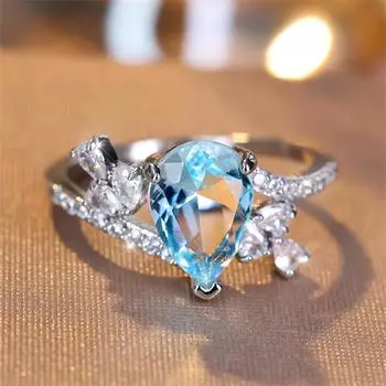 Модное серебристое кольцо Bi Tear Drop Aqua Blue с камнем, роскошное обручальное кольцо Love, винтажные свадебные кольца с каплями воды 6 цвет морской волны