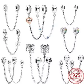 Модное серебро S925, сверкающее паве, циркон, тройной синий камень, защитная цепочка в виде бабочки, подвеска, подходит для модного браслета, ювелирные изделия «сделай сам», подарок