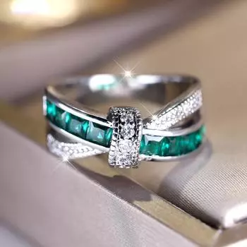 Модное серебряное кольцо с бантом, кольцо с цирконием для женщин, ювелирное изделие на день рождения, свадьбу, помолвку, подарок 5 зелёный/серебряный