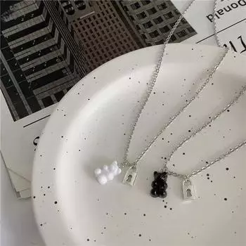 Модное серебряное ожерелье с полым замком, черно-белое милое ожерелье с подвеской в виде медведя для женщин и мужчин, подруга, пара, любовник, ювелирное изделие, подарок чёрный