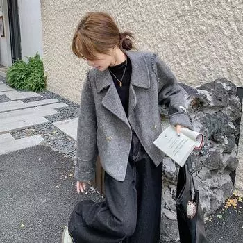 МОДНОЕ серое короткое двухстороннее шерстяное пальто женское осенне-зимнее новое корейское маленькое свободное пальто с бахромой Одежда S серый