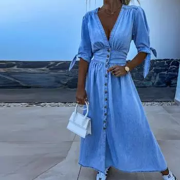 Модное сексуальное джинсовое платье с V-образным вырезом, женское однобортное платье А-силуэта с короткими рукавами, однотонные минималистичные платья для поездок на работу, весна и лето, новинка S синий