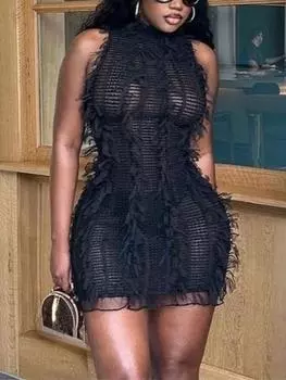 Модное сексуальное летнее сетчатое платье без рукавов, женское кружевное платье в полоску с открытыми плечами, тонкие элегантные платья, женское однотонное вечернее платье с круглым вырезом в стиле ретро, клубная одежда в стиле ретро S чёрный