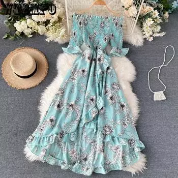 Модное сексуальное платье без бретелек с цветочным принтом, платье с вырезом и высокой талией, с половиной рукавом, нерегулярное платье с рюшами one size