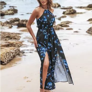 Модное сексуальное платье без рукавов с разрезом в повседневном праздничном стиле с цветочным принтом, женское платье на весну и лето 2023, длинное платье с лямкой на бретельках 26017 S орион