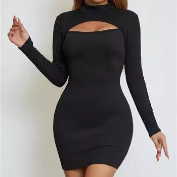 Модное сексуальное платье с длинным рукавом и открытой грудью, женское однотонное сексуальное облегающее платье, женское платье XS чёрный