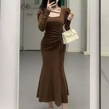 Модное сексуальное платье с длинным рукавом и квадратным воротником, женское летнее повседневное платье с завязками на талии, элегантное приталенное длинное платье 25994 S чёрный