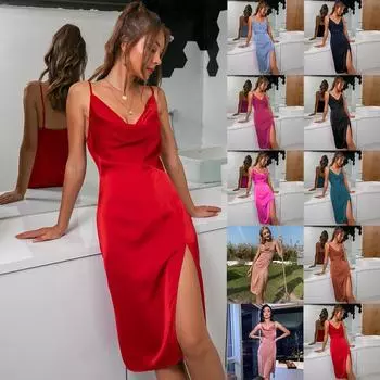 Модное сексуальное платье с рюшами и воротником на бретельках, элегантное атласное вечернее платье XL красный