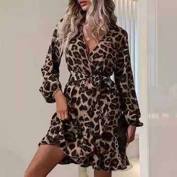 Модное сексуальное платье с V-образным вырезом и леопардовым принтом для женщин, винтажное платье-фонарик с рукавами А-силуэта, свободное повседневное платье для женщин, элегантное короткое платье со шнуровкой и высокой талией 25875 S коричневый