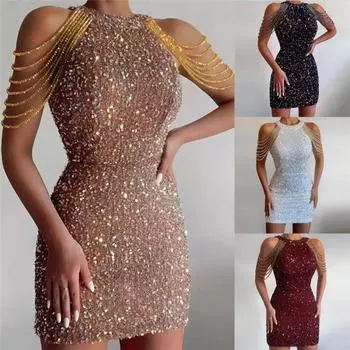 Модное сексуальное платье с висячим воротом и кисточками на бедрах и пайетками, вечернее платье со средней талией S чёрный