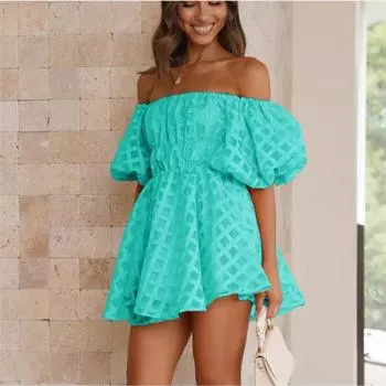 Модное сексуальное платье с высокой талией и открытыми плечами, короткая юбка, сексуальное мини-платье с открытыми плечами Cyan L