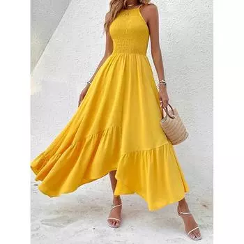 Модное сексуальное вечернее платье без рукавов для женщин, летнее отпускное платье А-силуэта с открытой спиной, повседневные длинные платья для женщин, винтажное нестандартное желтое платье с высокой талией 26205 S жёлтый