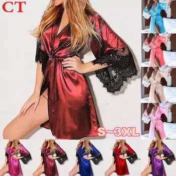 Модное сексуальное женское кружевное шелковое кимоно, нижнее белье, пояс, банный халат, ночная рубашка Babydoll S чёрный