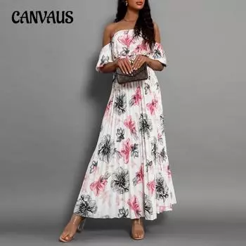 Модное сексуальное женское летнее длинное платье с одним вырезом и плиссированными рукавами и принтом S розы красного