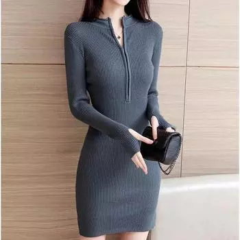 Модное сексуальное женское платье-свитер на молнии, осень-зима, облегающее, элегантное, с полувысоким воротником, трикотажное платье для женщин, с длинным рукавом, однотонное, повседневное платье 31032 S чёрный