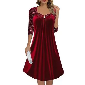 МОДНОЕ сексуальное женское вечернее платье с блестящими пайетками, квадратным вырезом, длинным рукавом 3/4, свободной талией, длиной выше колена, миди-платье для вечернего коктейля S зелёный