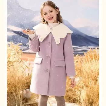 Модное шерстяное пальто для девочек, осенне-зимнее детское свободное твидовое пальто, утепленное хлопком 120cm